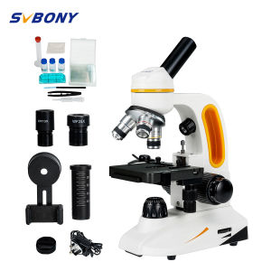 Svbony SM202 compound monocular microscope 80-2000X magnification Dual power supply Upgraded 25X eyepiece with mobile phone adapter Objective Lab Microscope