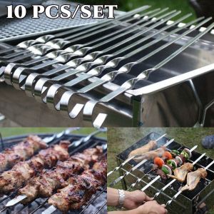 10/20/30pcs Barbecue Skewers Reusable Stainless Steel Skewer Kebab BBQ Camping Grill Flat Forks Outdoor Bbq Accessories BBQ Sticks