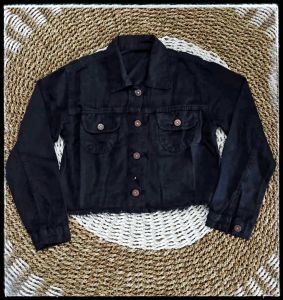 Jaket Jeans Crop Hitam Pekat / Jaket Jeans Pocket Rawis Hitam L / XL / XXL