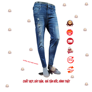 Quần jean nam XANH ĐẬM RÁCH 57 BO CHỈ thời trang siêu đẹp chuẩn quần bò nam chất giãn có size đại E