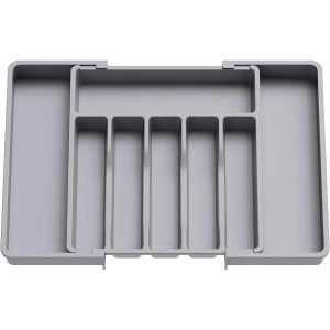 Extension storage box for kitchen utensils drawer with compartments for storing spoons chopsticks knives and forks in a collapsible box.