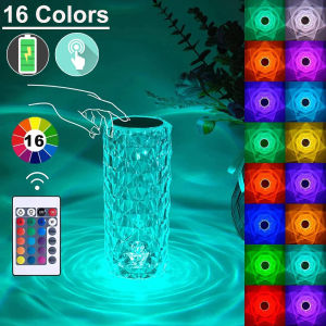 Crystal Rose Lamp Rgb Table Light Touch Nightstand Led Rechargeable Home Decor For Bedroom Decorative Dimmable Desk With Remote Control Cordless Bedside Luxury Portable Bar Lights