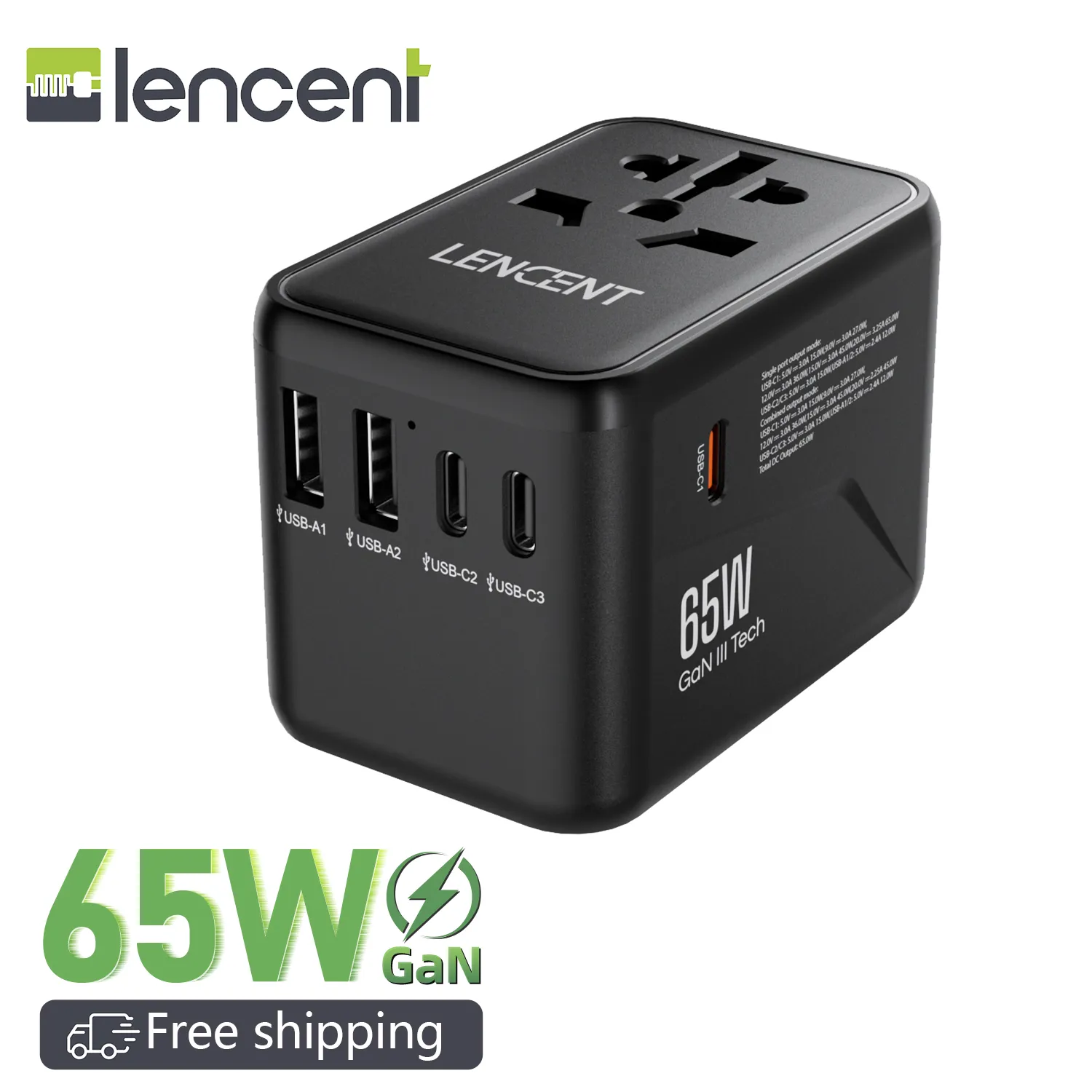 LENCENT GaN III 65W/45W/30W Universal Travel Adapter, International Charger with 2 USB Ports & 3 USB-C PD Fast Charging Adaptor Wall Charger with Type-C Fast Charger for iPhone,Samsung,Laptops, Type A/C/G/I (USA/UK/EU/AUS)