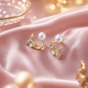 OEUVR Exquisite Design Fish Tail Earrings Personality Zircon Fish Tail Stud Earrings Korean Version Jewelry Ornament Pearl Crystal Earrings Wedding Jewelry