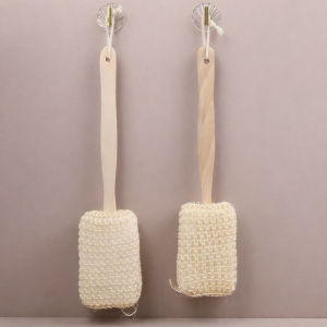 BÀN CHẢI TẮM CÁN DÀI GỖ - Sợi Sisal (Cây Dứa Sợi Mỹ) + Bọt Biển Tẩy Tế Bào Chết Giảm Mụn Lưng 38x10cm
