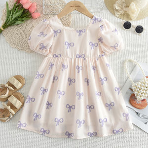 Gấu lãnh đạo dễ thương in hình nơ cô gái Đầm công chúa áo ngắn tay mùa hè váy màu hồng cho 3 đến 7 năm mới cho trẻ em quần áo phiên bản Hàn Quốc quần áo mặc giản dị