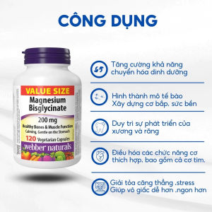 Webber Naturals Magnesium 250mg Bisglycinate 200mg – Bổ Sung Magie Cho Cơ Thể Khỏe Mạnh - ✅ Dùng được lâu dài không gây hại dạ dày. ✅ Giúp cải thiện tổng thể sức khỏe thần kinh – tim mạch – xương khớp.