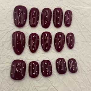 Wine Red Polka Dot Press On Nails Short Square Handmade Fake Nails Glossy Reusable False Nails