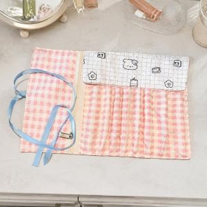 RUSSELLERT Họa tiết lưới Túi đựng cọ trang điểm Cuộn lên Đa Khe Cắm Bao đựng cọ Ngọt ngào Ruy băng buộc Hộp đựng mỹ phẩm du lịch
