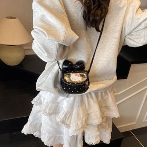 KUXMTC หนัง PU กระเป๋าแมวขนาดเล็ก จุด ขนาดเล็ก กระเป๋าสะพายข้างโบว์ใหญ่ น่ารัก กระเป๋าโซ่ กระเป๋าสี่เหลี่ยม ผู้หญิง