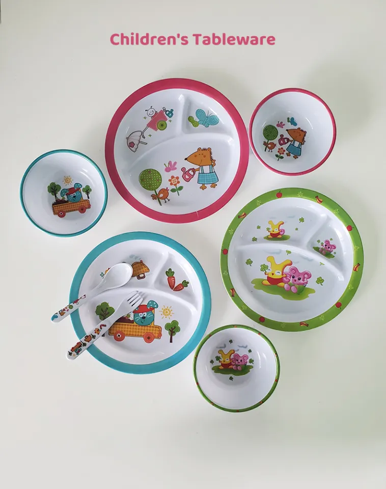 Bamboo fiber children's tableware set baby square plate round three-grid  plate cartoon rice bowl four-piece set