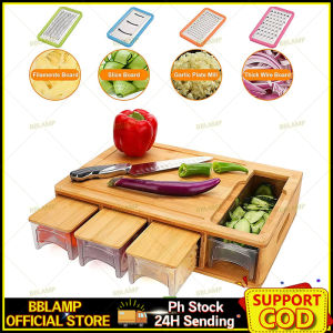 Bamboo Cutting Board With 4 Drawer Tray and 4 Graters Modern Home Chopping Board Vegetables Fruits Cutter and Slicer Potatoes Fries Cutter Food Storage Box With Lids Kitchen Wooden Utensils Set