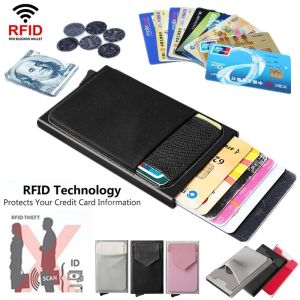 Men Business Aluminum Wallet with Back Pocket Cash ID Card Holder RFID Blocking Slim Metal Automatic Pop Up Credit Card Coin Purse Women Anti Theft Mini Smart Wallet