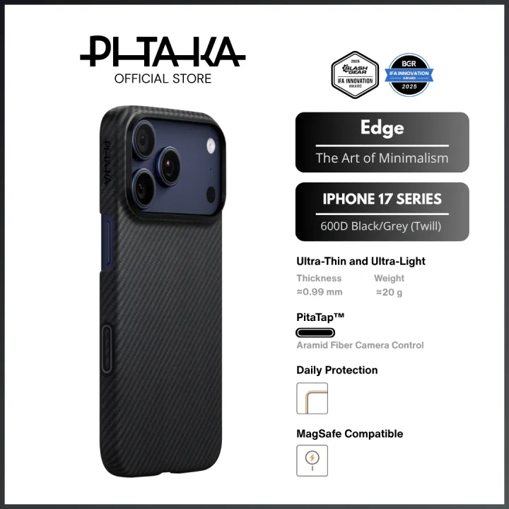 PITAKA iPhone 17 Pro/Pro Max - Ultra-Slim Edge Case - Magnetic/PitaTap™ Button (Black/Grey)