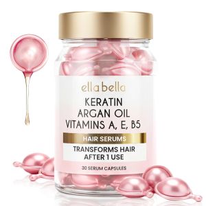 ELLA BELLA ®   Keratin Hair Serum with Argan Oil & Vitamins A E B5 – Anti-Frizz Hair ment & Night Repair – Hair Vitamins for Women for Smooth Shiny Frizz-Free Hair