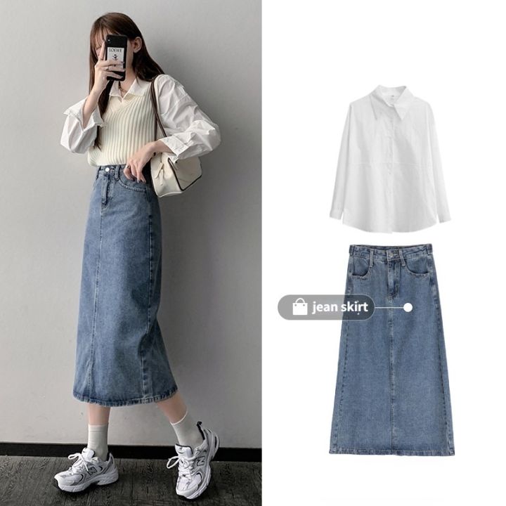 Denim skirt shop outfit korean