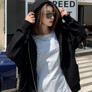 Ladies Outerwear Solid Color Oversized Zipper Sweatshirt Hooded Sweatshirt Womens Jacket