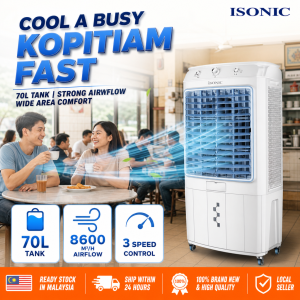 ISONIC Air Cooler 70L 350W Portable Evaporative Cooler 8600m3/h 3 Speed Wide Angle Air Cooler Warranty