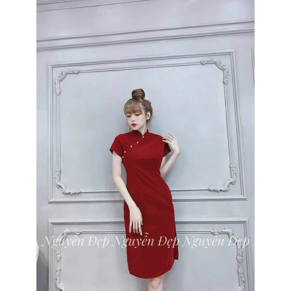 Đầm nhung nữ màu đỏ form xòe Big size 65kg - Kho Hàng Sỉ ANN