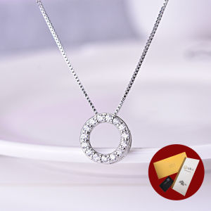 Diamcity (Free Gra Certificate) Kalung Perak Moissanite Wanita Liontin Geometrik Lingkaran Berlian Penuh