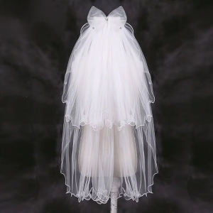 2 Tier Wedding Veil with Comb for Girls Communion Veil Bow Adorned by for Rhinestone Short Length Curly Edge Tulle Veil