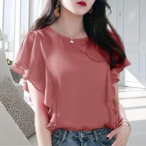 WOU&EY Wanita Plain Tee Shirt Longgar Baggy Plus Saiz Blaus Women Korean Blouse Casual Chiffon Blouse