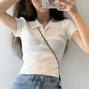 CORE🌟 Summer Polo Collar Knit Top Women Short Sleeved T-shirt Korean Slim Fit Top