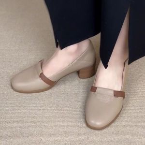 2026 Spring New Vintage Soft Sole Chunky Heel High Heels For Women Comfortable And Elegant Slip-On Leather Shoes