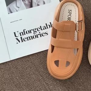[Free Shipping] WomenS Summer Slip-On Sandals Thick-Soled Casual Half-Slipper Style Fashionable Hollow-Out Design Solid Color Beach Sandals