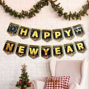 Welcome 2027 HAPPY NEW YEAR theme Gold stamp Cheers Glass Clock party decorations cardboard flag banner