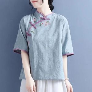 LI Tang Suit Short Sleeve Female Summer 2023 Style Embroidered Half Sleeve Buckle Cheongsam Top Chinese Style Improved Imitation Zen Tea Gown Hanfu