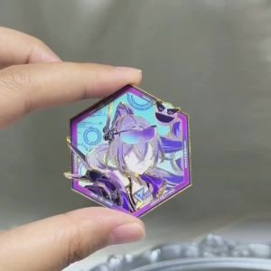 Silver Wolf Trendy Metal Enamel Pin Hexagon Shape Gold Border Anime Game Brooch Versatile Chest Pin Souvenir Gift for Friends Cosplay Fans