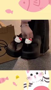 [Free Shipping] Cute KT Cat Flip-Flops For Women Outdoor Beach Shoes 2026 New Model Platform Thick-Soled Wedge Sandals