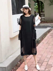 XITAO Gauze Patchwork O-neck Short Sleeve Dresses Solid Color Pullover Loose Mid-calf  Dress Summer Casual GJ1053