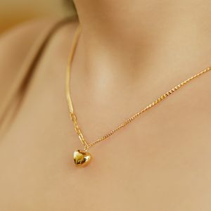 Three-dimensional Heart Shape Pendant Necklace Collarbone Chain S925 Sterling Silver Plated with 14K Gold Girl Woman Sense of Advanced