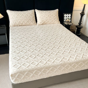 【Super low price】2025 new solid color Tafu fleece engraved fitted sheet fleece warm and non-slip mattress protective cover three-piece set