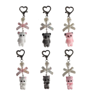 Flocking Bear Cat Pendant Keychain Heart Bow Shaped Key Chain Bowknot Keyring Camera Bag Decors Handmade Gift