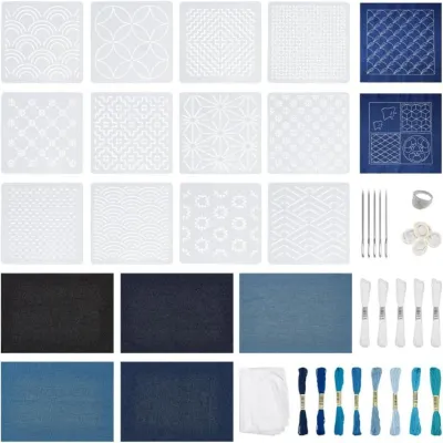 BIMI 45pcs Geometric Pattern Sashiko Stencil Kit Reusable Handmade Sashiko Thread Kit DIY Patchwork Stencil Mending Supplies
