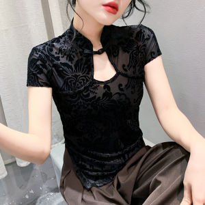 YIMEI เสื้อยืดผู้หญิงมีกระดุมแบบจีนใหม่2024สไตล์ประจำชาติเสื้อแขนสั้นสำหรับหน้าร้อนเสื้อแจ็คการ์ดไม่เหมือนใคร