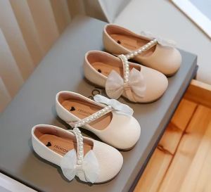 New Girl Princess Leather Shoes Chic Versatile Soft Elegant Fashion Lace Bowknot Beading Kid Loafers Wedding Slip-on Mary Janes