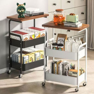 MLADEN  ชั้นรถเข็น ชั้นวางของในครัว แผ่นโต๊ะไม้ พร้อมล้อเลื่อน โต๊ะข้างโซฟา แข็งแรงกันสนิม เคลื่อนย้ายสะดวก