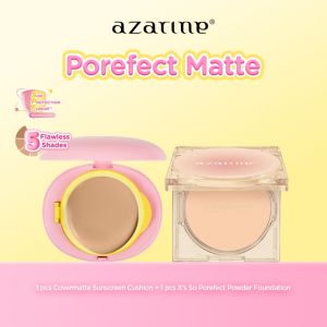 Abadi Mall Azarine Porefect Matte Set [2 PCS] Covermatte Cushion + Powder Foundation TWC Base Makeup Matte Anti Badai untuk Kulit Berminyak Cushion Tahan Lama Flawless Matte Finish Lightweight Makeup Easy Application Buildable Coverage