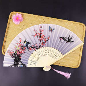 Nurm Floral Folding Fan Silk Hand Folding Chinese Style Fabric Folding Fan for Wedding Church Party