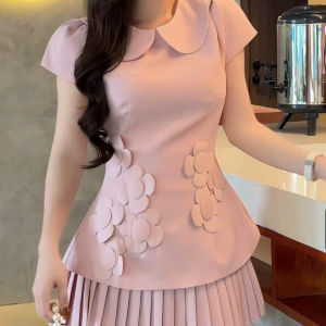 QC_ Set đầm đính hoa 3D set công sở thanh lịch set váy nữ đi tiệc thiết kế áo đính hoa cổ sen tay hến mix chân váy ngắn dập ly có lót