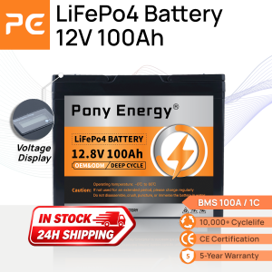 PonyEnergy 12V100Ah LiFePo4 battery with Voltage Display & Intelligent BMS Series-connectible Lithium Iron Phosphate Batterysolar charging