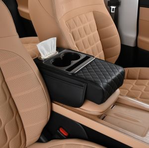 3-IN-1 Armrest Box Pad Universal Armrest Cushion Cover Pad Organizer with Tissue Box Cup Holder PU Leather Car Center Console Cushion Pad Heightening Pad Memory Cotton Elbow Support Armrest Storage