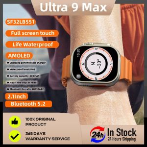 Ultra 9 Max Smart Watch Men Heart Rate 2.1Inch AMOLED Screen NFC Wireless Charging Compass Bluetooth Faces Sports Mode Android IOS Call Smartwatch