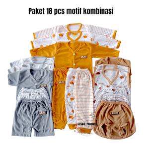 Paket Baju Bayi 18 pcs Seri Baru /  3 Warna Campur  / Paket  Baju Bayi Newborn 0-4 Bulan