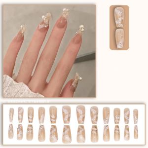 24pcs Nail Art Pearl Manicure Fake Nails Set with Glue False Nails Stickers