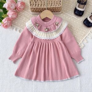 Bear Leader Ternos Kids Girl Autumn and Winter Long Sleeved Lace Flower Patchwork Bow Sweater Dresses Sweet Princess Pleated Clothes 3-7 Years Baby Girls Clothing